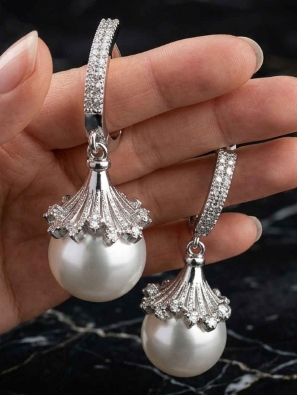 Elegant White Pearl Drop Earrings with Silver Accents